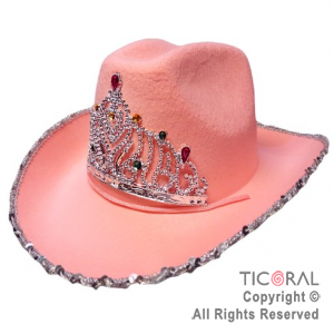 SOMBRERO COWBOY CORONA Y LENTEJUELAS ROSA x 1